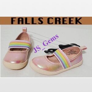 New Falls Creek Shoes Kids Girls Size 7 Pink Shimmer Slip On Slides Rainbow NWT
